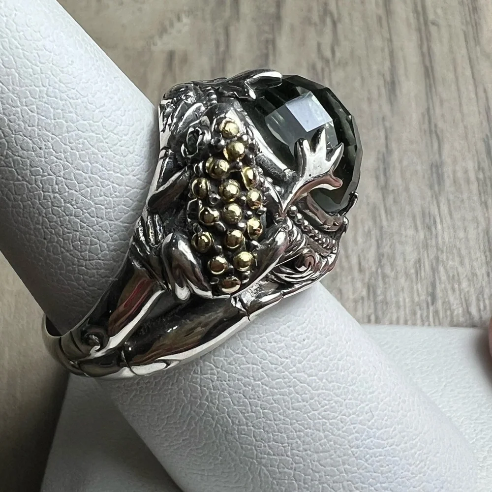 Robert Manse Sterling Silver 18K Gold Green Prasiolite Stone Frog Ring Size 8